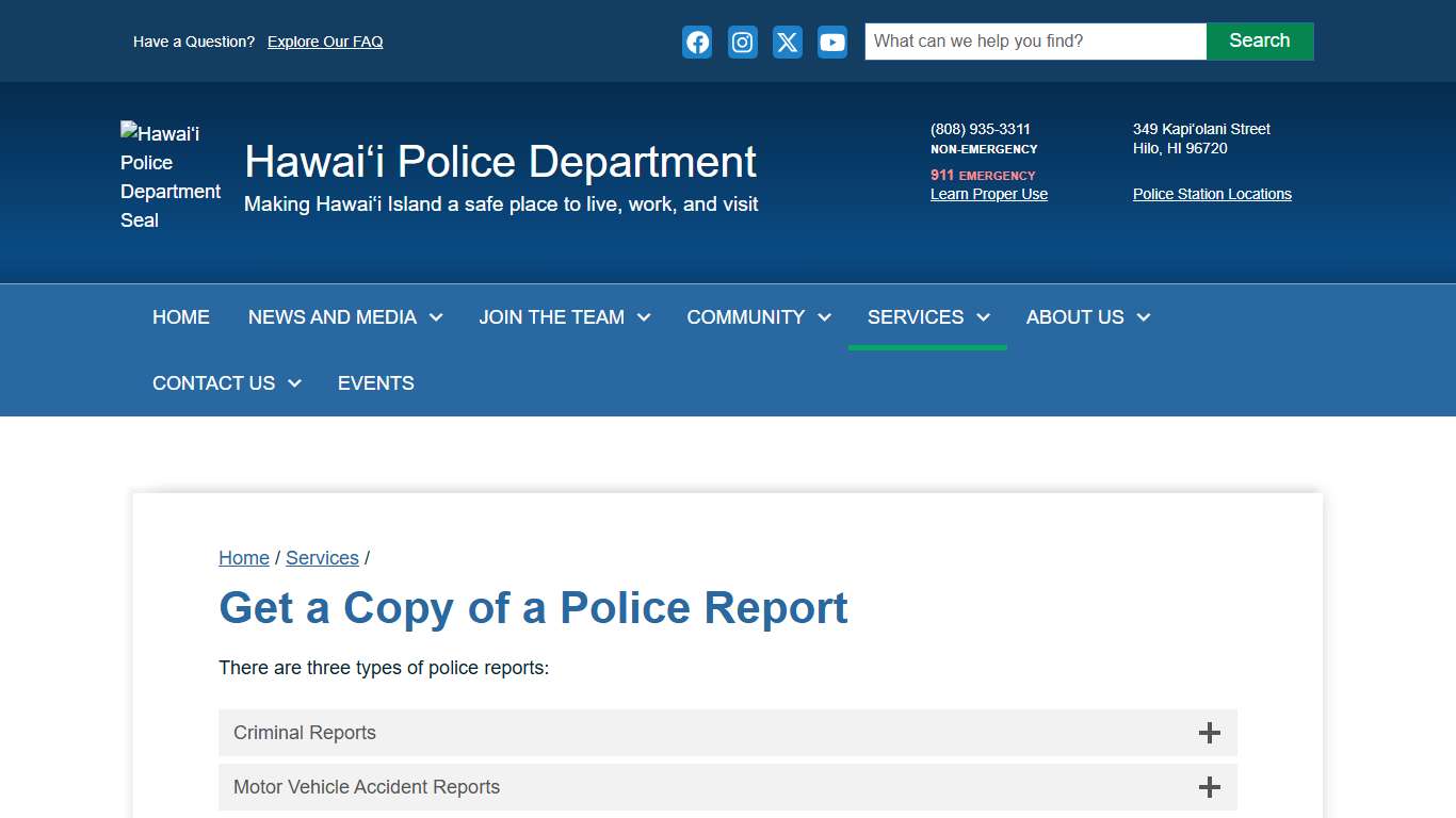 Hawaiʻi Police Department Get a Copy of a Police Report